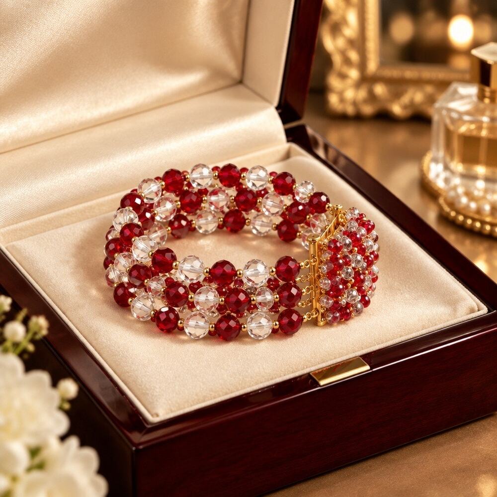 Vintage Mid-Century Ruby Red & Clear Faceted Glass Triple-Strand Bracelet